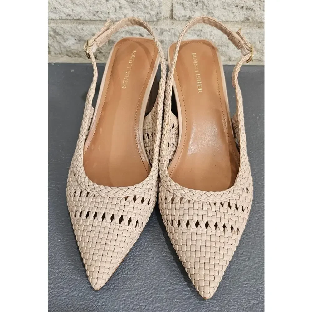 Marc Fisher Zunnie Block Heel Woven Leather Slingback Pump, Pointed Toe, Sz 8.5